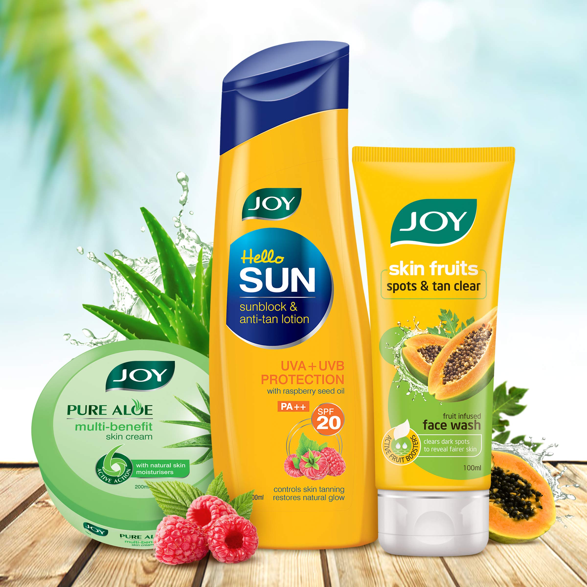 Joy Hello Sun SunBlock & Anti-tan Lotion SPF20-300ml + Pure Aloe Multi Benefit Skin Cream-200ml + Skin Fruits Spots & Tan Clear(Papaya) Face Wash 100ml, Combo Pack