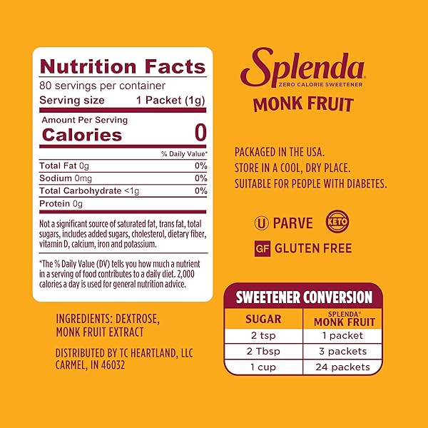 SPLENDA MONK FRUIT ZERO CALORIE PLANT BASED SWEETENER, NO ERYTHRITOL, KETO SUGAR SUBSTITUTE (80 COUNT)