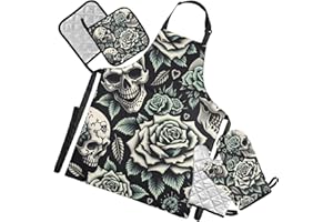 WELLDAY Punk Skulls Roses Oven Mitts and Pot Holders Sets with Adjustable Apron 5Pcs, Heat Resistant Kitchen Gloves and Non-S