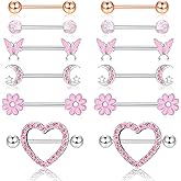 Kakonia 6 Pairs 14G Nipple Rings for Women 316L Stainless Steel Heart Butterfly Moon CZ Flower Barbell Nipple Rings Set Cute Nipplerings Piercing Jewelry