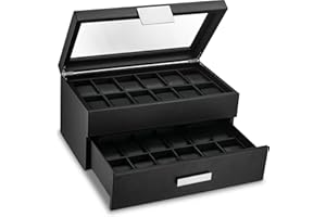 Glenor Co Watch Box for Men - 24 Slot Luxury Display Case Organizer, Carbon Fiber Design -Metal Buckle for Mens Jewelry Watches, Men's Storage Holder w Large Glass Top, Drawer & Leather Pillows- Black