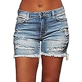 Flamingals Ripped Stretchy Jean Shorts for Women Raw Hem Low Waist Casual Trendy Denim Shorts