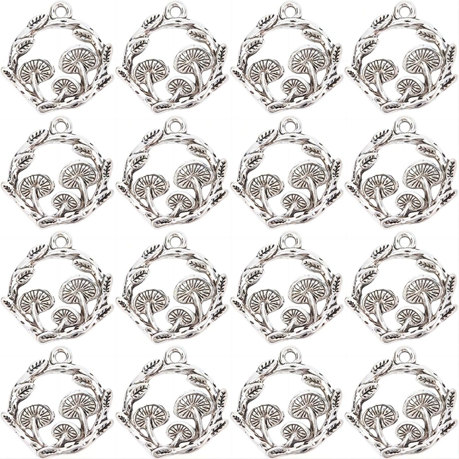 SUNNYCLUE 1 Box 50Pcs Mushroom Charms Bulk Mushrooms Charms Tibetan Style Antique Silver Charm Magic Plants Flat Round Mushroom Charm Leaf Charm for jewellery Making Charms Necklace Keychain Supplies