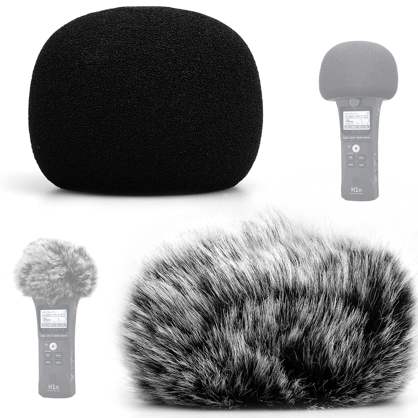 Windscreen Muff Furry and Foam Microphone ChromLives 2 Pcs Windscreen compatible with Zoom H1 H1n Apogee Mic, Zoom Mic Artificial Black Fur Wind Screen Wind Muff