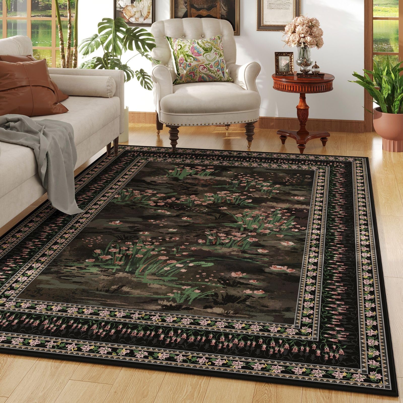 Rugcomf Area Rugs 8x10 Clearance Impressionist-Style Vintage Washable Area Rug Non Slip Low Pile Large Rug for Bedroom Farmhouse Dining Room Kids Playroom, Black