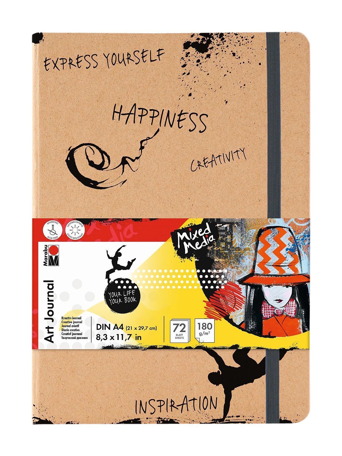 Marabu 161200000101 Notebook Art Journal, 180 g/m², 72 Sheets, DIN A4, Natural White, Fine Grain Paper, Matte, Acid-, Light-Resistant, Thread Binding and Folding Pocket Inside