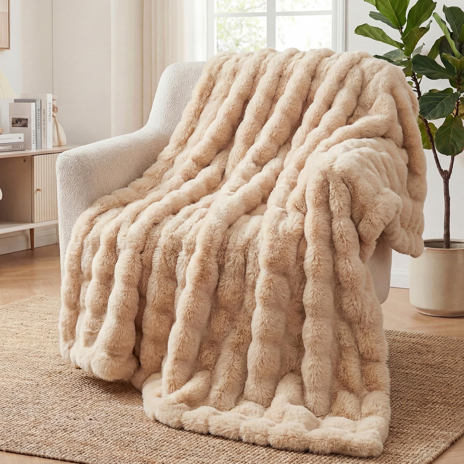 SHANNA Soft Warm Rabbit Plush Fleece Blankets Thick 1000 GSM Throws for Sofa Large Fluffy Versatile Blanket Bed Throw for Bedroom, Couch, Travel, Kids, Camping (Khaki, 160 * 200cm)