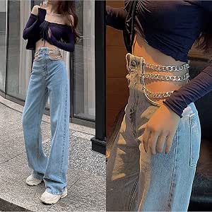 Jeans Mujer Streetwear Lado Cruzado Cadena Hueco Pierna Ancha Mujeres Jeans  Pantalones De Cintura Alta Sexy Elegante Damas Jeans : Amazon.es: Ropa