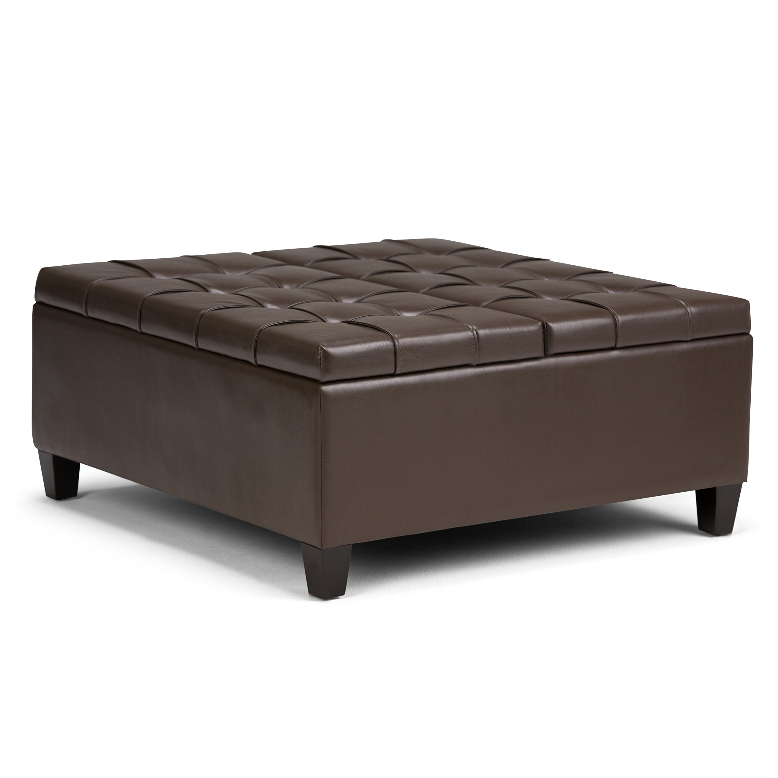 Simpli Home AXCOT-265-CBR Harrison 36 inch Wide Traditional Square Storage Ottoman in Chocolate Brown Faux Leather