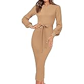 HAEOF Womens 2026 Fall Midi Sweater Dress Winter Puff Long Sleeve Bodycon Ribbed Knit Trendy Business Casual Work Dresses
