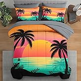 Pamnest Comforter Set Full Size, Beach Sunset Palm Tree 7 Pcs Bedding for Kids and Adults, Colorful Retro Tropical Bed Sheet Sets with Fitted Sheet 2 Pillowcases & 2 Shams for Bedroom Bed Decor
