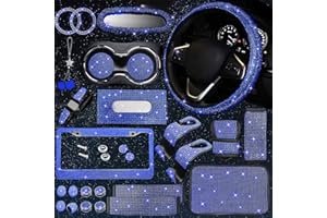 JINGSEN 25PCS Bling Car Parts Set, Car Parts Set Female Plug Universal 15 Inch, Shiny License Plate Frame, Center Console Cover and Rearview Mirror Set and Other Car Accessories(Blue)