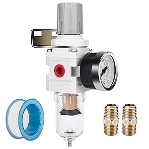 NANPU 1/4" NPT Compressed Air Filter Regulator Combo Piggyback, 5 Micron Element, Poly Bowl, Semi-Auto Drain, Bracket, 0-150 psi Gauge （AW2000-02）