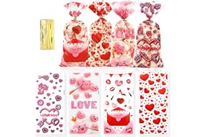 STPIYFZU Valentine Treat Bags, 100 Pcs Valentines Cellophane Treat Bags, Red Love Heart Goodies Candy Bags Valentine Gift Bags with Twist Tie for Valentine's Day Wedding Party Favor Supplies (4 Styles)