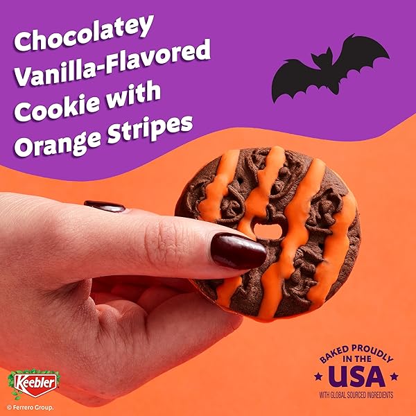 KEEBLER SPOOKIE FUDGE STRIPES, CHOCOLATEY VANILLA-FLAVORED COOKIES WITH ORANGE STRIPES, 9.5 OZ PACK