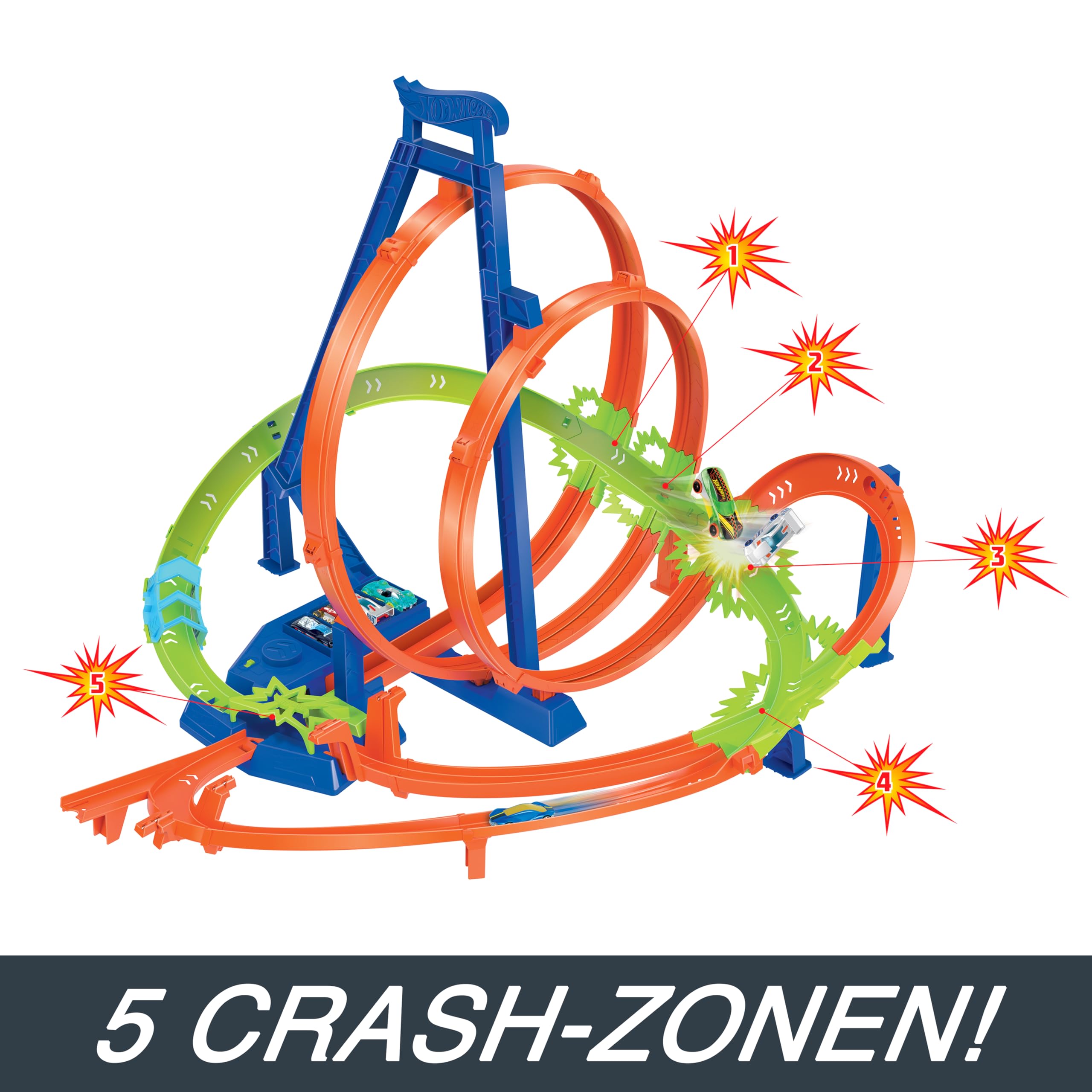 Hot Wheels -Trackset, Episches Crash-Rennen mit 5 Crash-Zonen, motorisiertem Beschleuniger und 1 Hot Wheels Auto im Maßstab 1:64, leicht aufzubewahren, HTP55 5