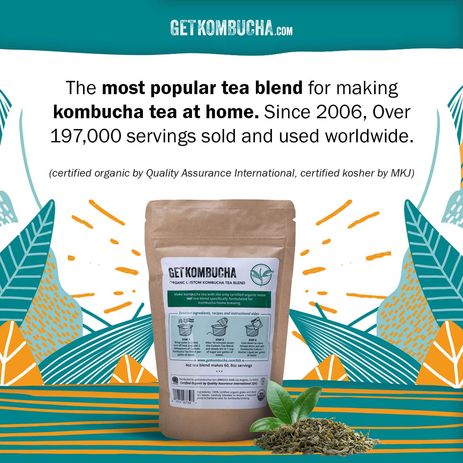 Get Kombucha, Certified Organic Kombucha Tea Blend (60 Servings) (4oz