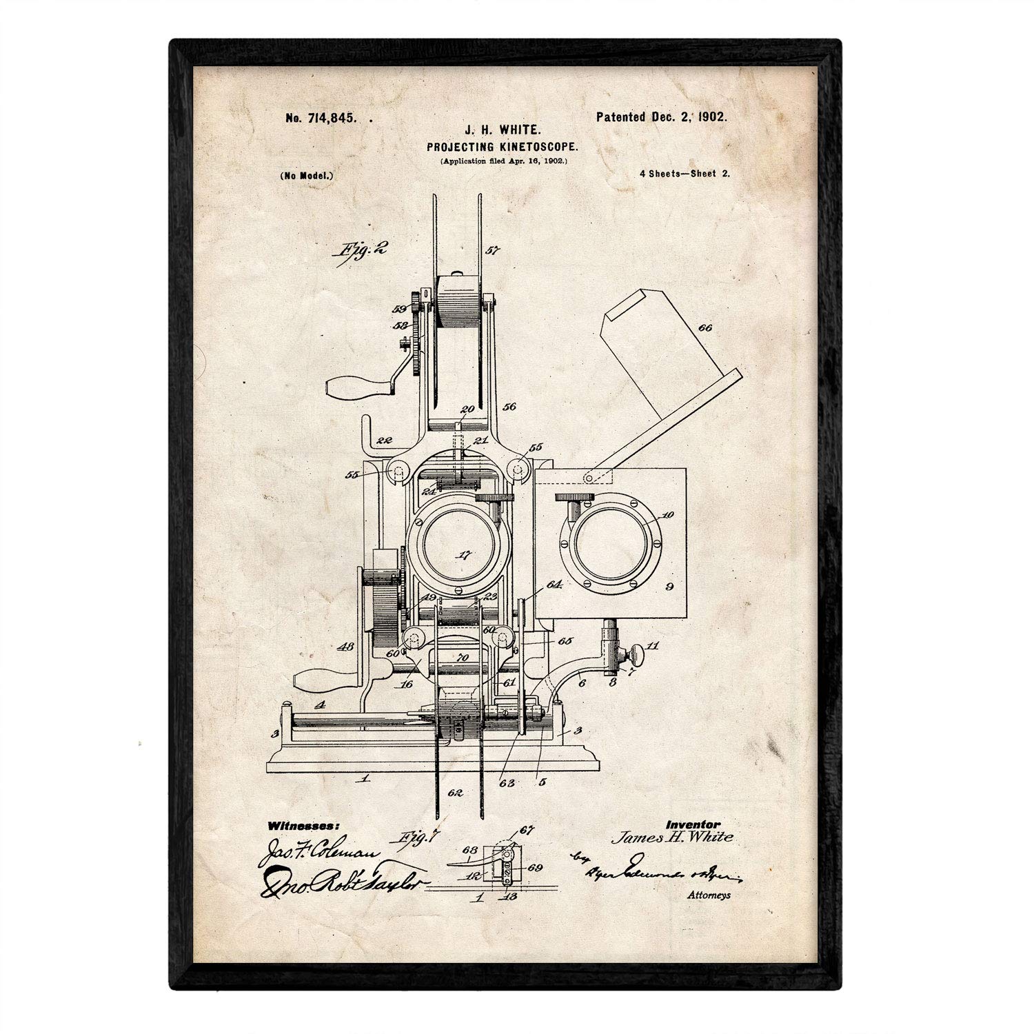 Nacnic Poster with Kinetoscopio Patent 2. film with old design patent in A3 size and vintage background