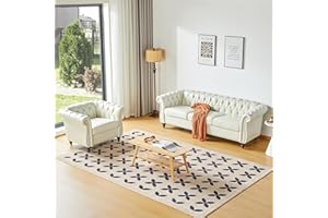 ORRD 2 Piece Living Room Set, Chesterfield Faux Leather Sofa Loveseat Couch Chair with Scroll Arms and Nailhead for Living Room, Office (White)