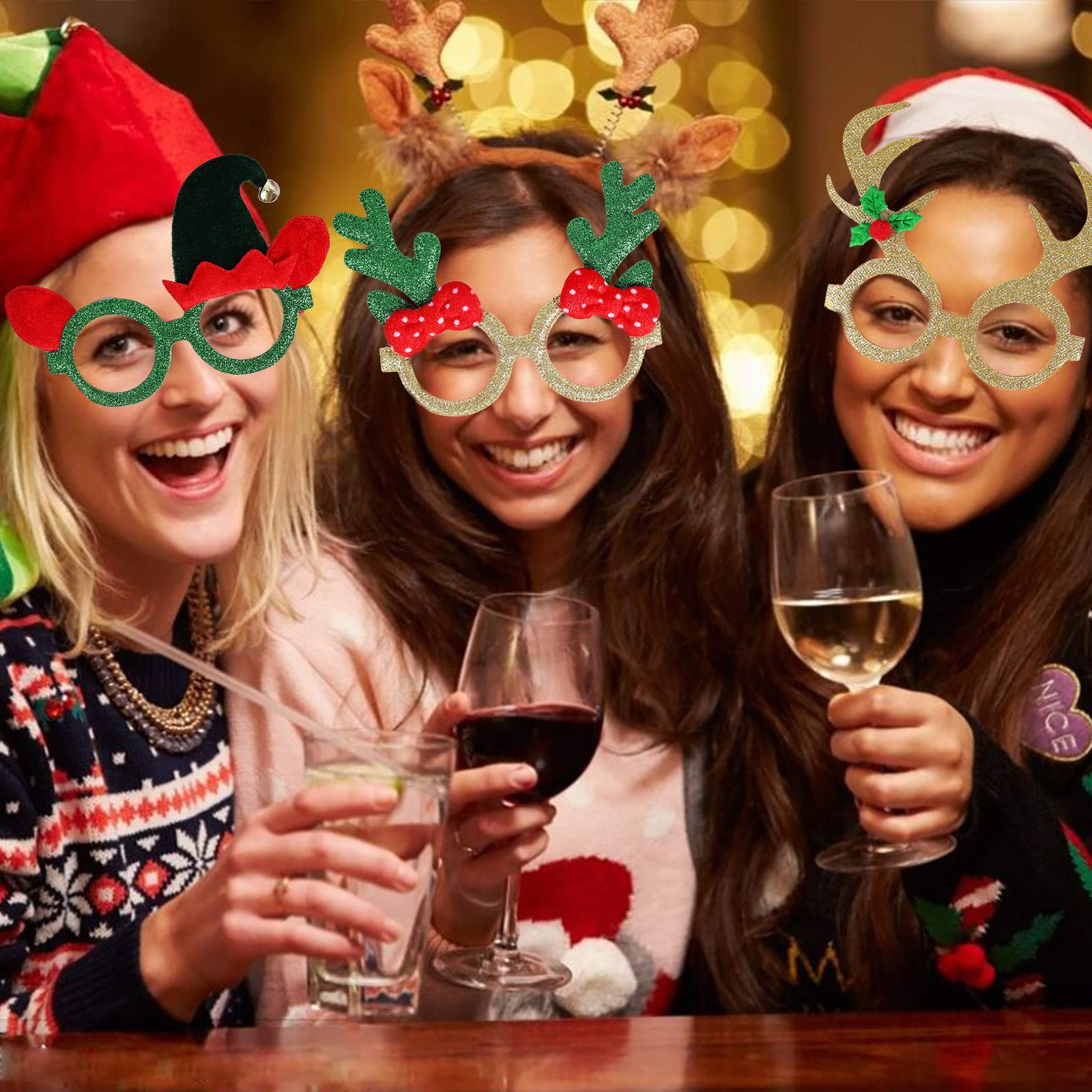 Max Fun 24pcs Christmas Glitter Party Glasses Frames with 24 Designs Decorations Accessories for Christmas Party Favors Holiday Favors (One Size Fits All)