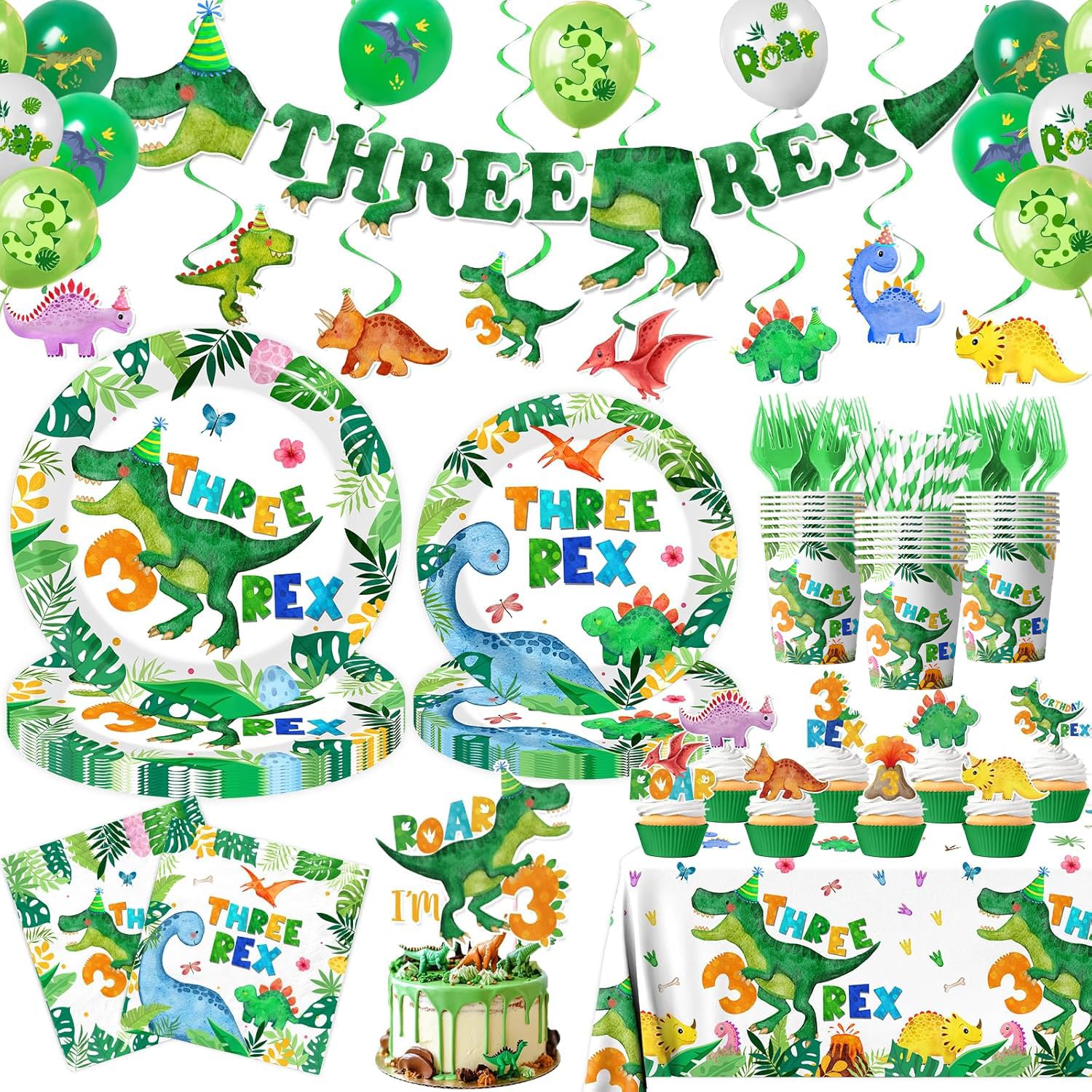 Photo 1 of 214pcs Three Rex Birthday Decorations Tableware Boy,Dinosaur Paper Plates and Napkins for Birthday Party,12 Balloons,Banner,Tablecloth,Cups,TRex Dinosaur Theme 3 Year Old Boy Party Supplies,Serve 24