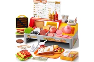LALALARK Play Restaurant Toy and Pretend Play Food for Kids, Play Kitchen Accessories Include Sandwich Maker Toy with Slicer for Ham, Menu and Ingredients, Food Toy for 3 4 5 6 Year Old Girls Birthday Gift