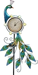 TERESA'S COLLECTIONS 39 inch Metal Peacock Garden Solar Lights Decor, Outdoor Solar Lights with Thermometer for Garden Yard Decorations