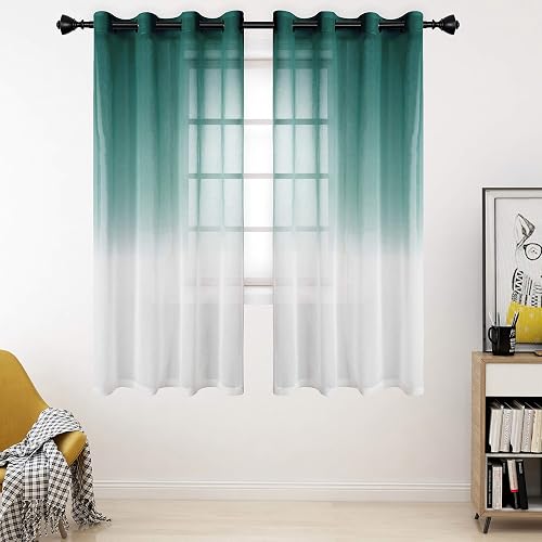 Bermino Faux Linen Ombre Sheer Curtains, 54 x 63 inch, Dark Green - Grommet Gradient Voile Semi Sheer Curtains for Bedroom and Living Room, Set of 2 Curtain Panels