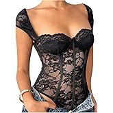 SOLY HUX Women's Lace Sheer Bodysuits Sweetheart Neck Slim Fitted Corset Leotard Tops