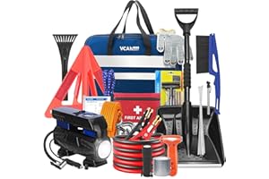 VCANENERGY Car Emergency Safety Kit Bag with Digital Air Compressor,Jumper Cables,First Aid Kit, Winter Vehicle Roadside Safety Kit with Detachable Snow Shovel, for Women, Men, Teen