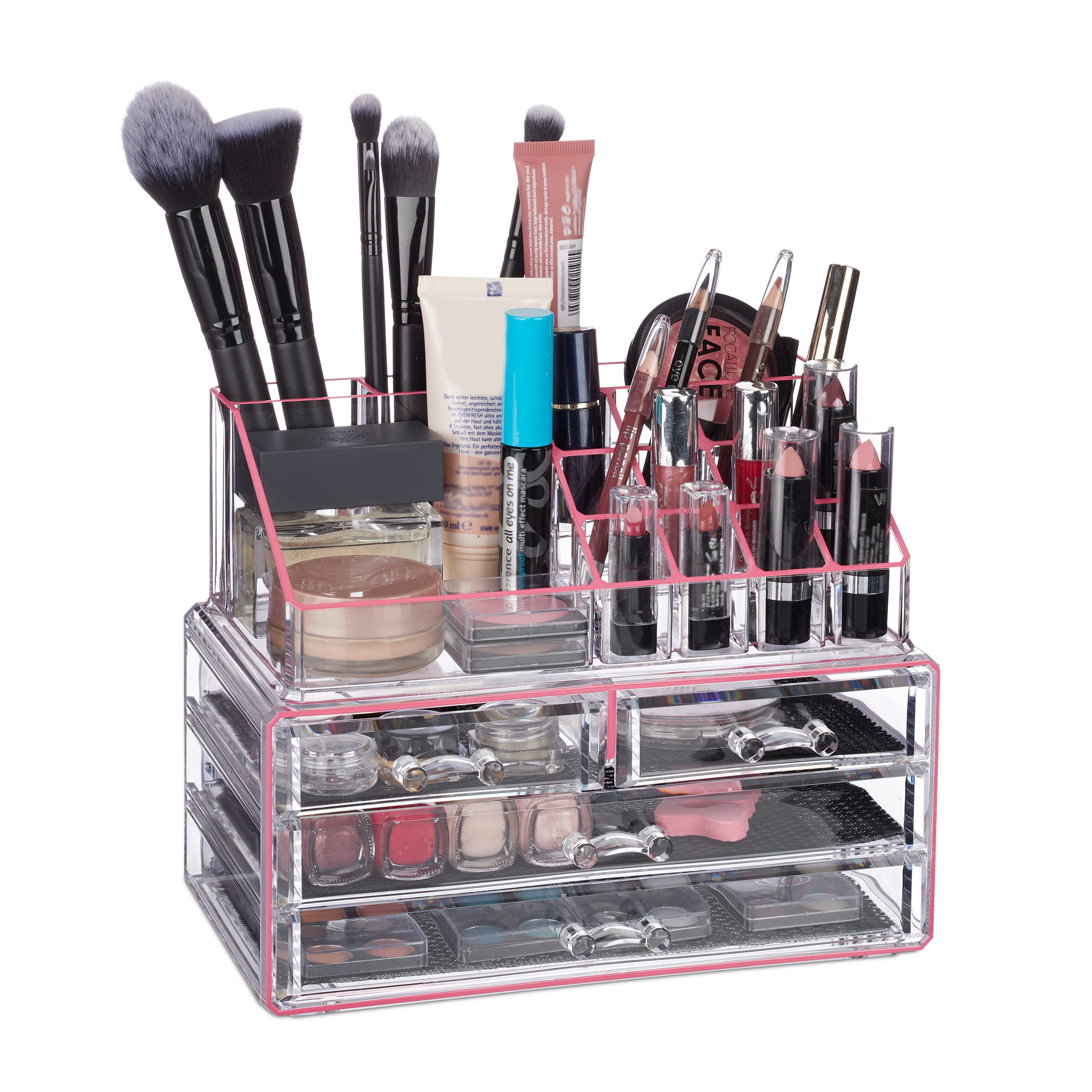 Relaxdays Makeup Organizer with 4 Drawers, Cosmetics Holder for Nail Polish and Lipstick, Acrylic Makeup Kit, Pink Stripes