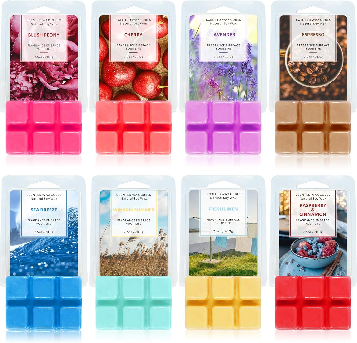 Wax Melts, Scented Wax Cubes, Soy Wax Melt for Wax Burner 8 Pack x 70 g, Red&pink&purple&brown&blue&green&yellow&crimson
