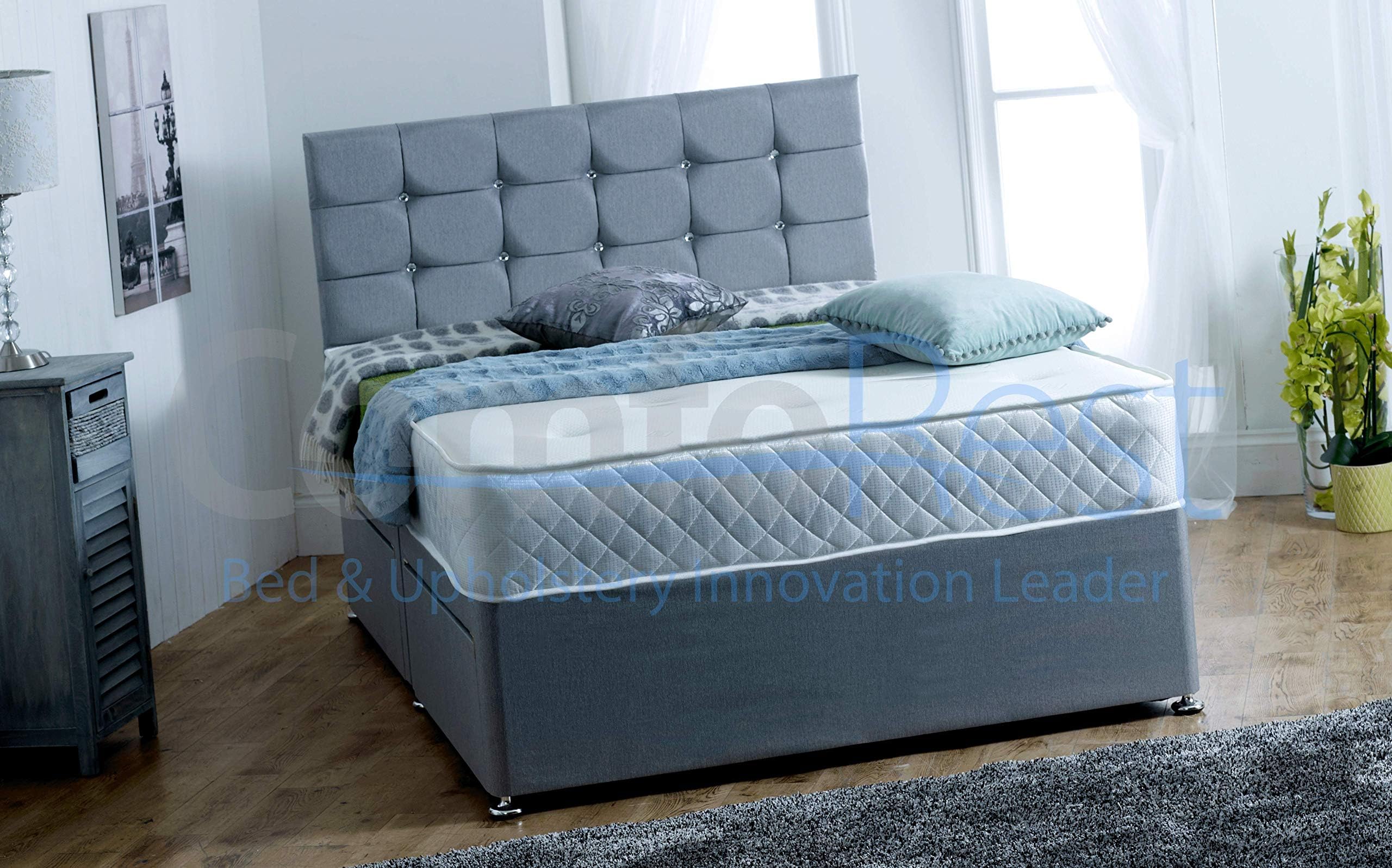 3FT Single NO DRAWERS Paris Grey Fabric Divan Bed Set includes Memory Mattress and Headboard. UK