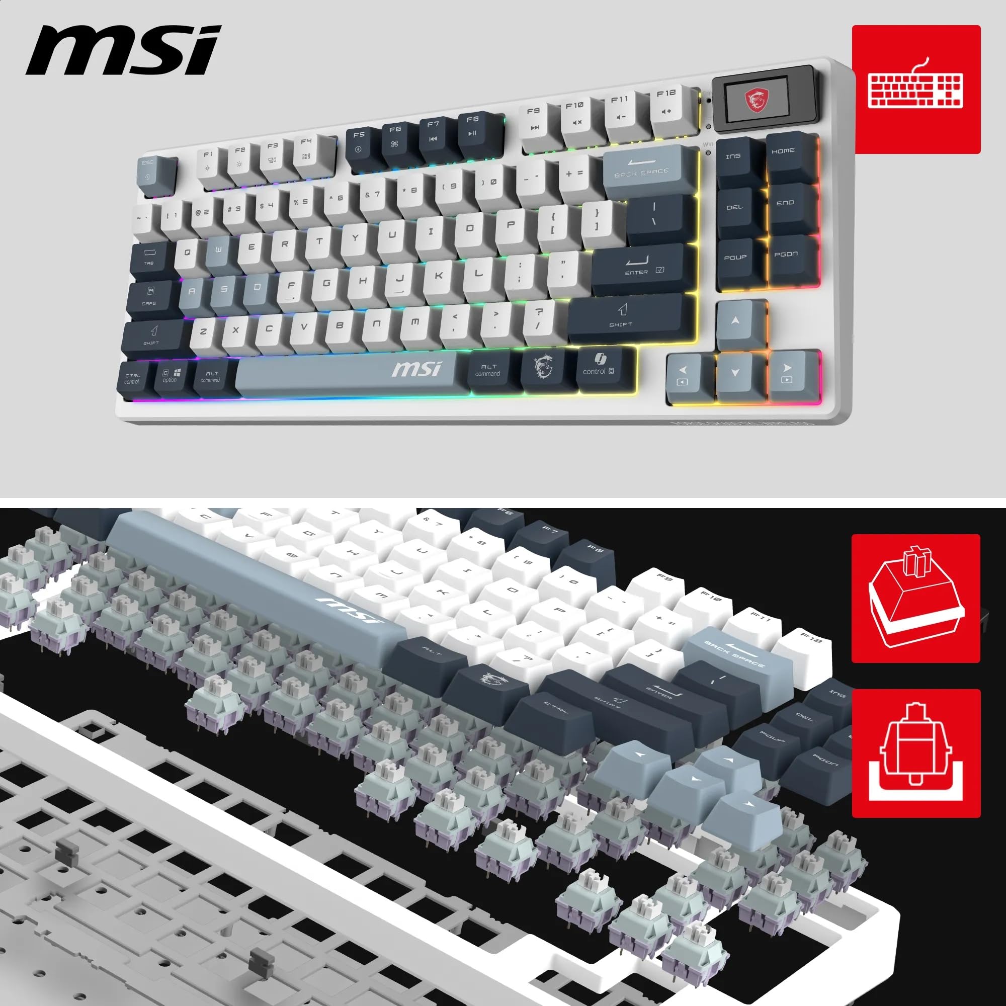 MSI Forge GK600 TKL Wireless Sky QWERTZ, DE Layout – MECHANISCHE LINEARE SWITCHES – PBT-Tastenkappen mit Farbsublimationsdruck, rutschfeste Unterseite, RGB-LED, Bluetooth, 2,4 GHz – ohne Ziffernblock 2