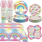 Obussgar Rainbow Party Decoration - Rainbow Birthday Party Tableware Supplies Includes Plates, Cups, Napkins, Tablecloth, Straws (40)