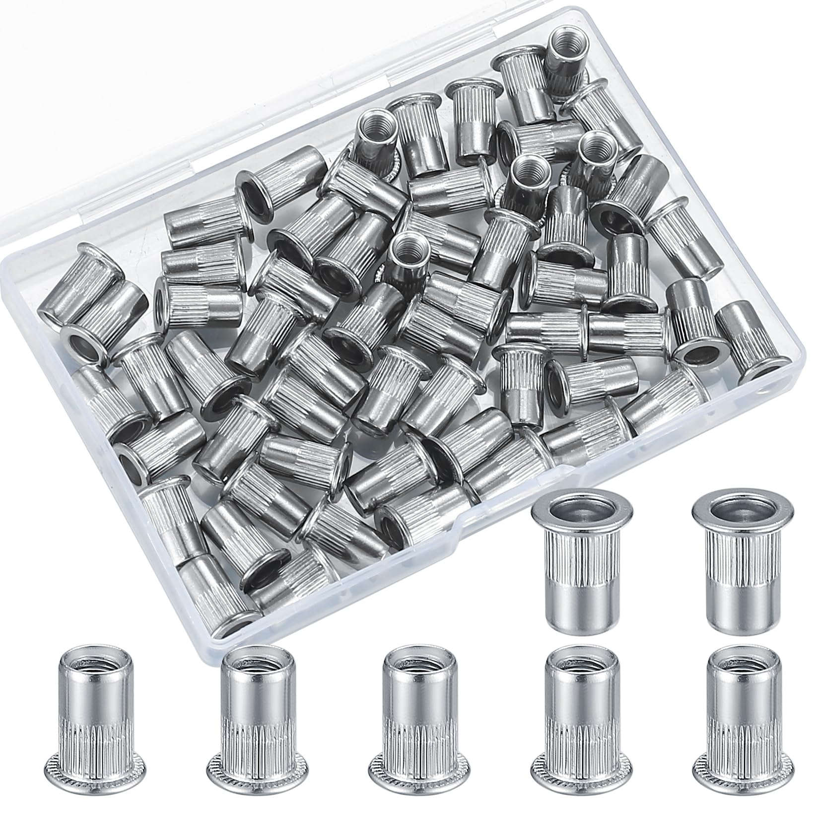 60 Pcs Rivet Nuts Set, M5 Stainless Steel Rivnuts, Flat Head Rivnuts, Threaded Insert Nutsert Rivet Nuts Assortment Set, Knurled Rivnuts