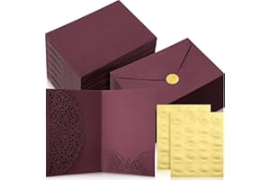 PerKoop 100 Set 5 x 7 Laser Cut Wedding Invitation with Envelopes and Wax Seal Stickers Blank Pocket Invitation Cards Kit for Wedding Bridal Shower Engagement Invite(Scarlet)
