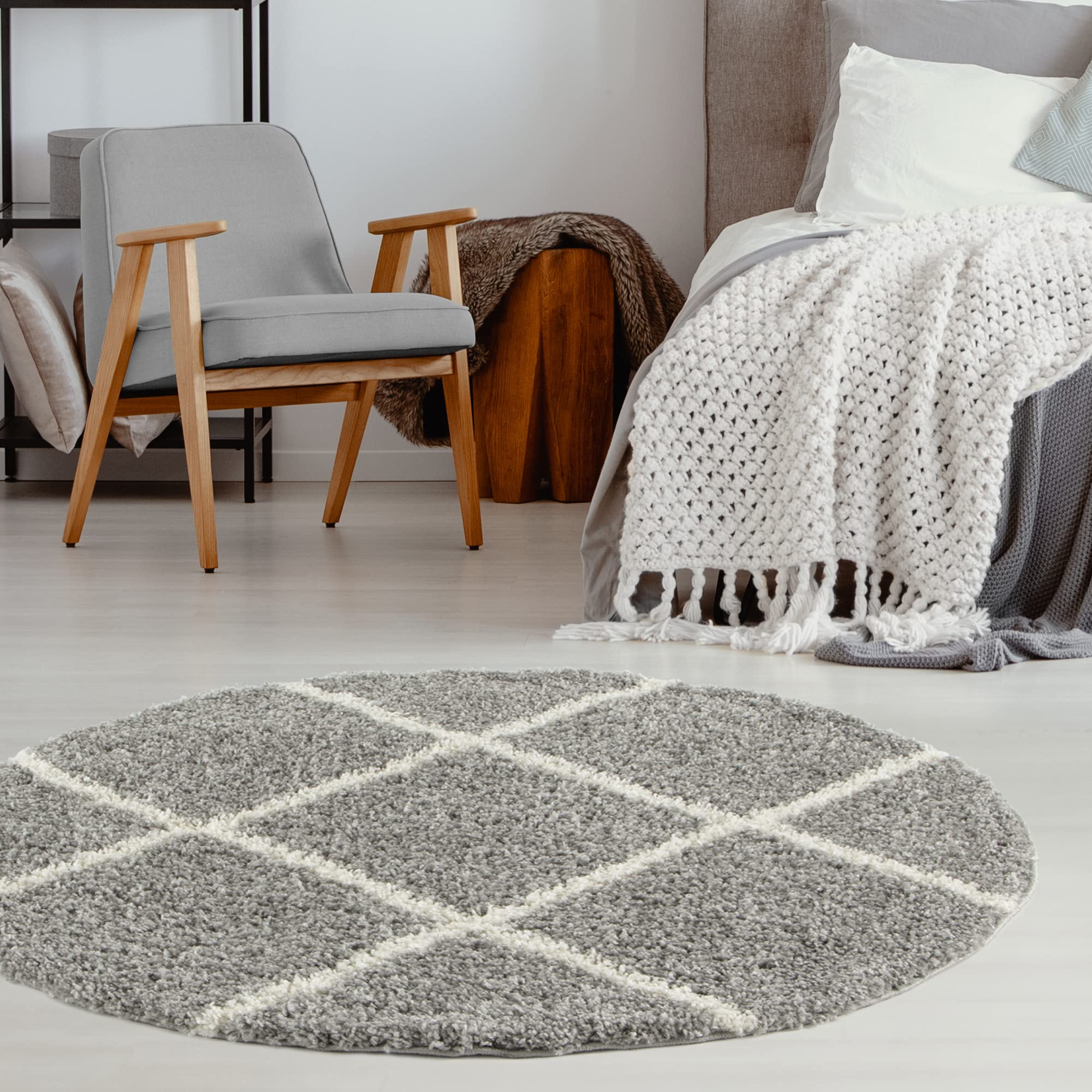 THE RUGS Shaggy Rug – Modern Moroccan Design Rugs for Living Room, Bedroom, Hallway, 3 cm Thick Area Rugs, (Diamond Grey/Ivory, 120cm Round) — image 1