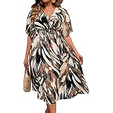 Floerns Women's Plus Size Boho Hawaiian Tropical Dresses V Neck Short Sleeve Floral A Line Long Dress Vacation Beach Outfits
