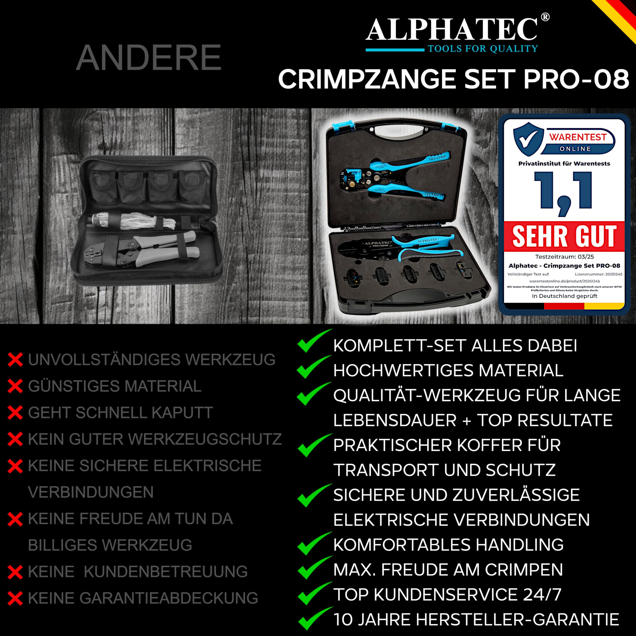 ALPHATEC® Crimpzange Set mit Wechselbacken inkl. automatische Abisolierzange - [0,25-10mm²] - Crimpzange Kabelschuhe, Aderendhülsenzange, Flachstecker, MC4 Zange PV Solar - Krimpzangenset 8-teilig 8