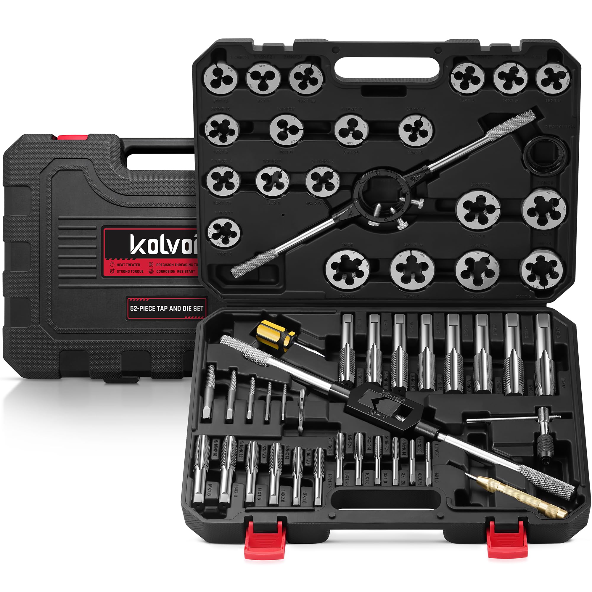 Photo 1 of Kolvoii 52-Piece Large Tap and Die Set SAE 1/4?-20 to 1?-14 Thread Repair Kit for Threading and Rethreading Internal and External Threads, Heavy-Duty GCr15 Steel