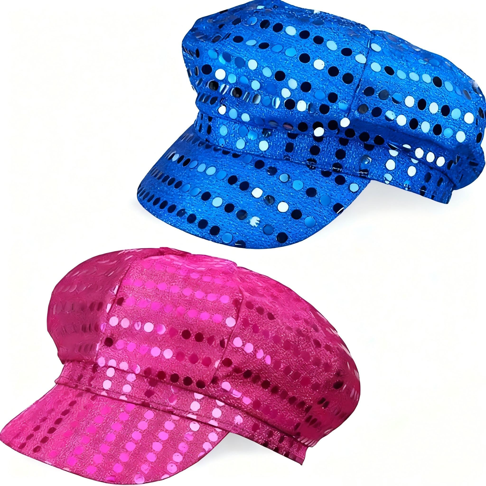 LYNROW Sequin Disco Party Hats, Blue and Rose Pink, 70s Style Costume Accessories, 2-Piece Set