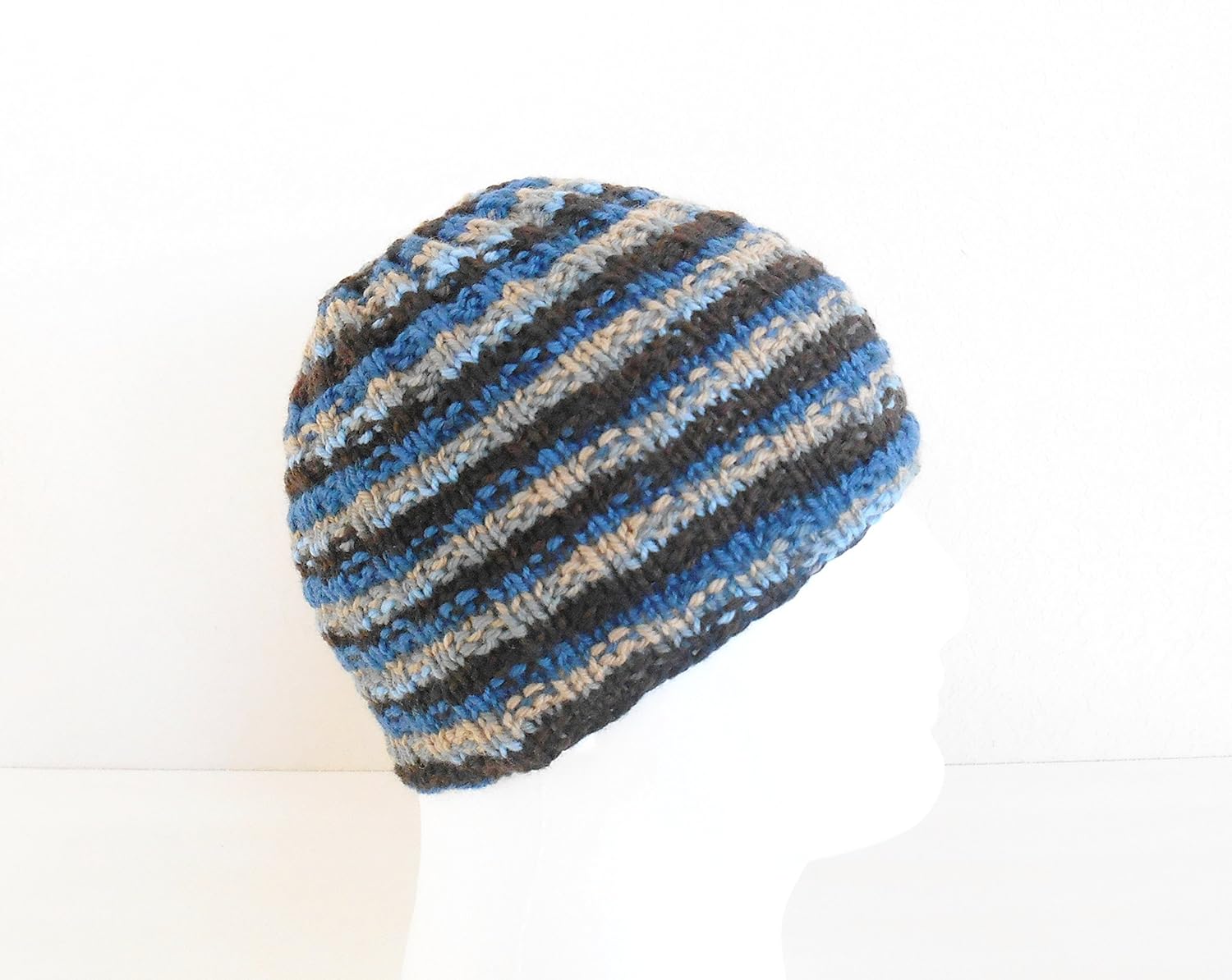 Men's Knit Hat, 100 Wool Brown and Blue Striped Handmade
