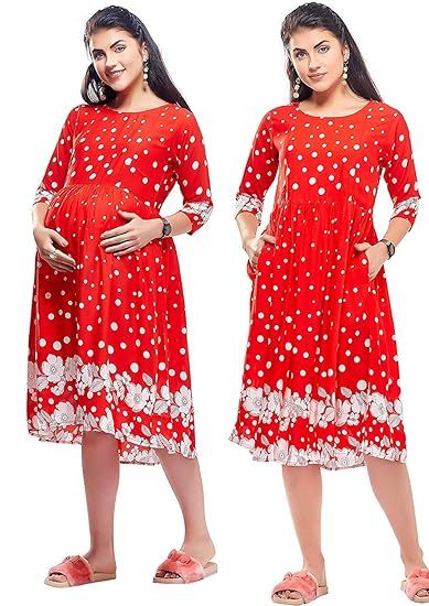 Designer Rayon Cotton Polka DOTS Maternity/Nursing/Easy Feeding/Breastfeeding/Kurti/Kurta/Dress/Gown/with Zippers for PRE and Post Pregnancy for Photoshoot and Baby Shower