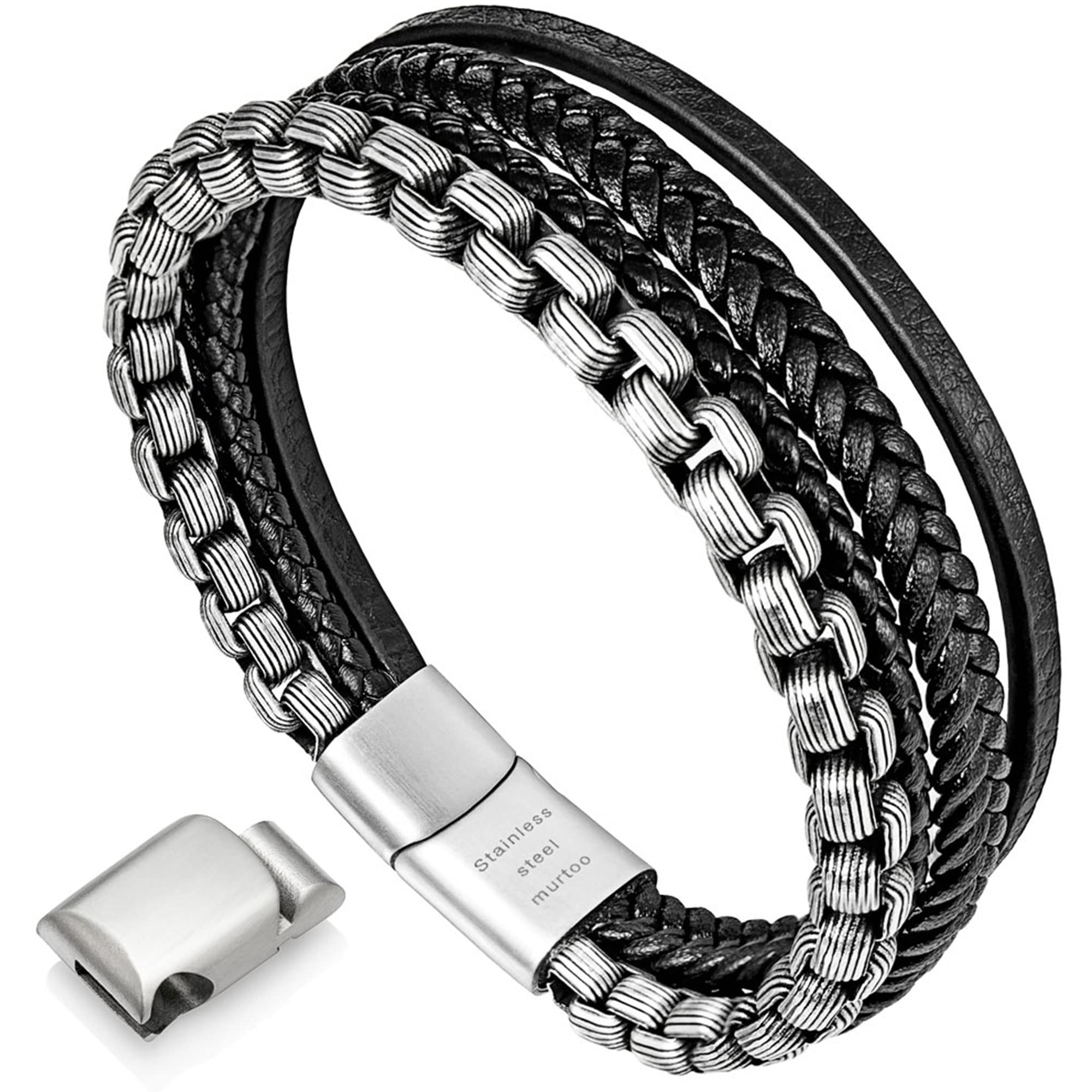 Murtoo Men's Leather Bracelet - Brown Black Leather, 316L Stainless Steel Chain, Gift (Silver Black, 8.5'')