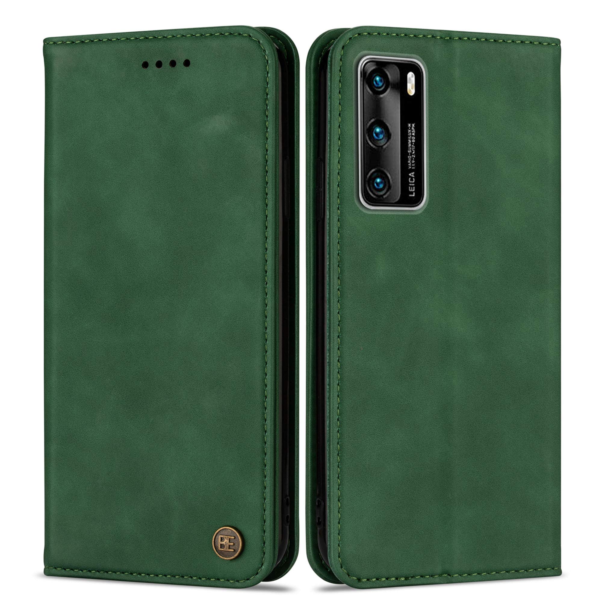 BE Cover for Huawei P40 4G (2021) Case Flip Leather Book Stand View Folio with Magnetic Closure & Card Slots Phone Full Wallet Smart Huawei P40 Cover Green