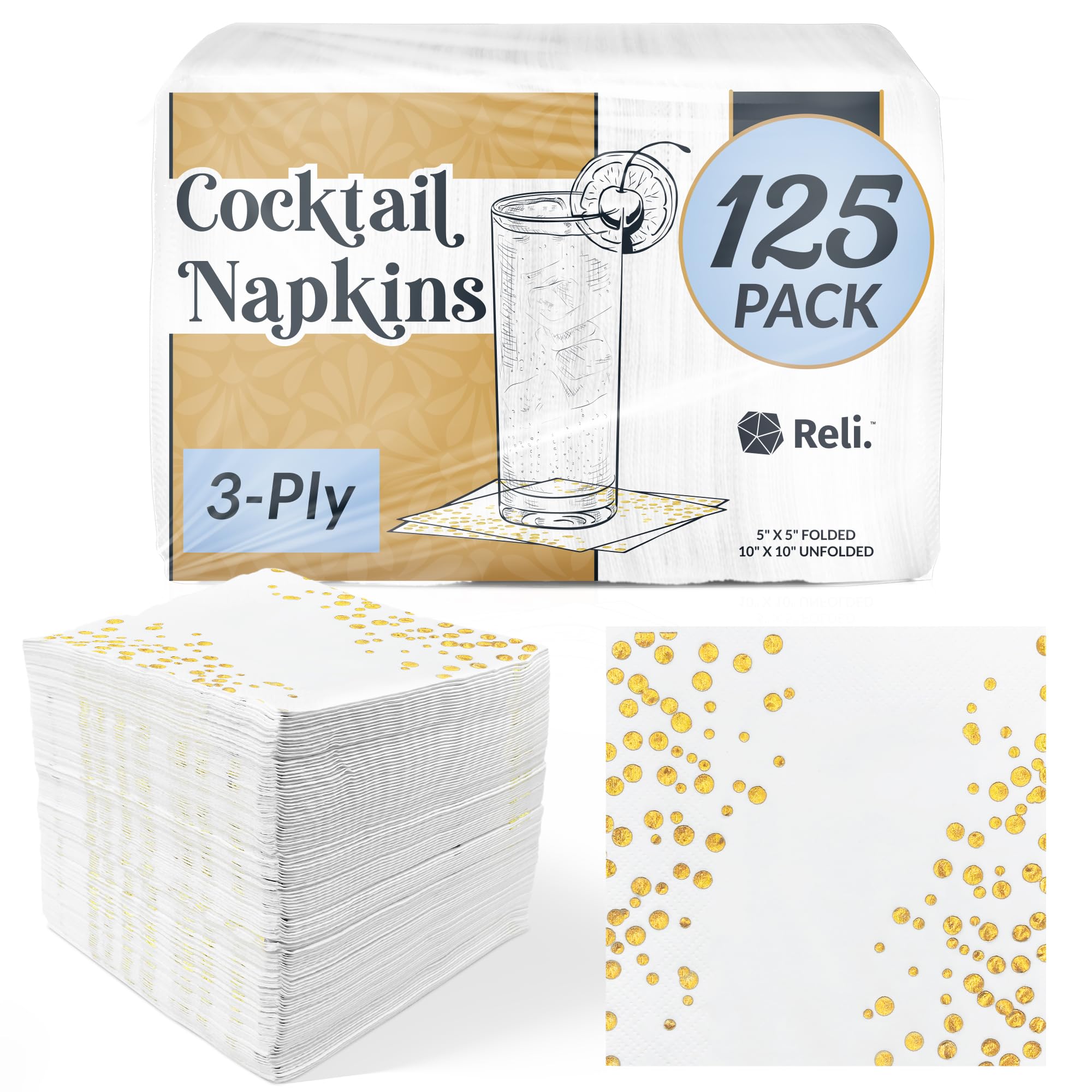 Photo 1 of Reli. (125 Count) Napkins 3-Ply, White and Gold Beverage Napkins | Disposable | 5 x 5 in. for Small Party, Bar, Wedding | Use for Coffee, Desserts (White/Gold)