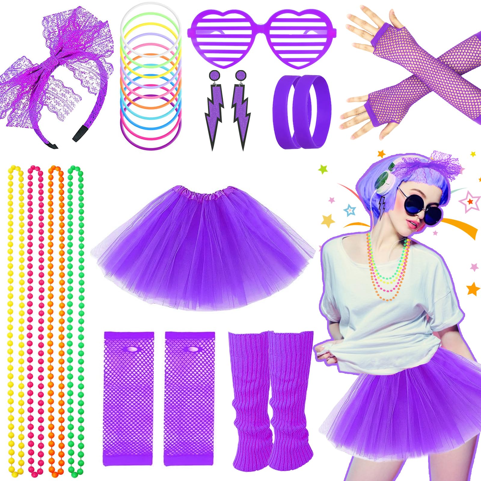 80s Fancy Dress for Women, 1980s Party Purple Costume Accessories Set Tutu Skirt Leg Warmers Fishnet Gloves Glasses Earrings Bracelet Necklace Headband, Retro Outfit for 80s Party, Dress up Day — image 1