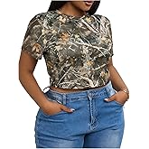 SOLY HUX Women's Plus Size Camo Crop Tops Crew Neck Short Sleeve T Shirts Streetwear