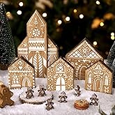 DoubleFill 5 Pcs Gingerbread House Table Decoration Christmas Village Wooden Sign Gingerbread House Tabletop Centerpiece Farmhouse Christmas Table Decor for Xmas Tiered Tray Party Centerpiece